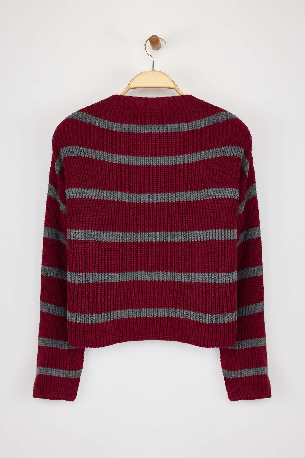Bordo Crop Basic Geniş Kalıp Çizgili Triko Kazak TWOAW23KZ00390