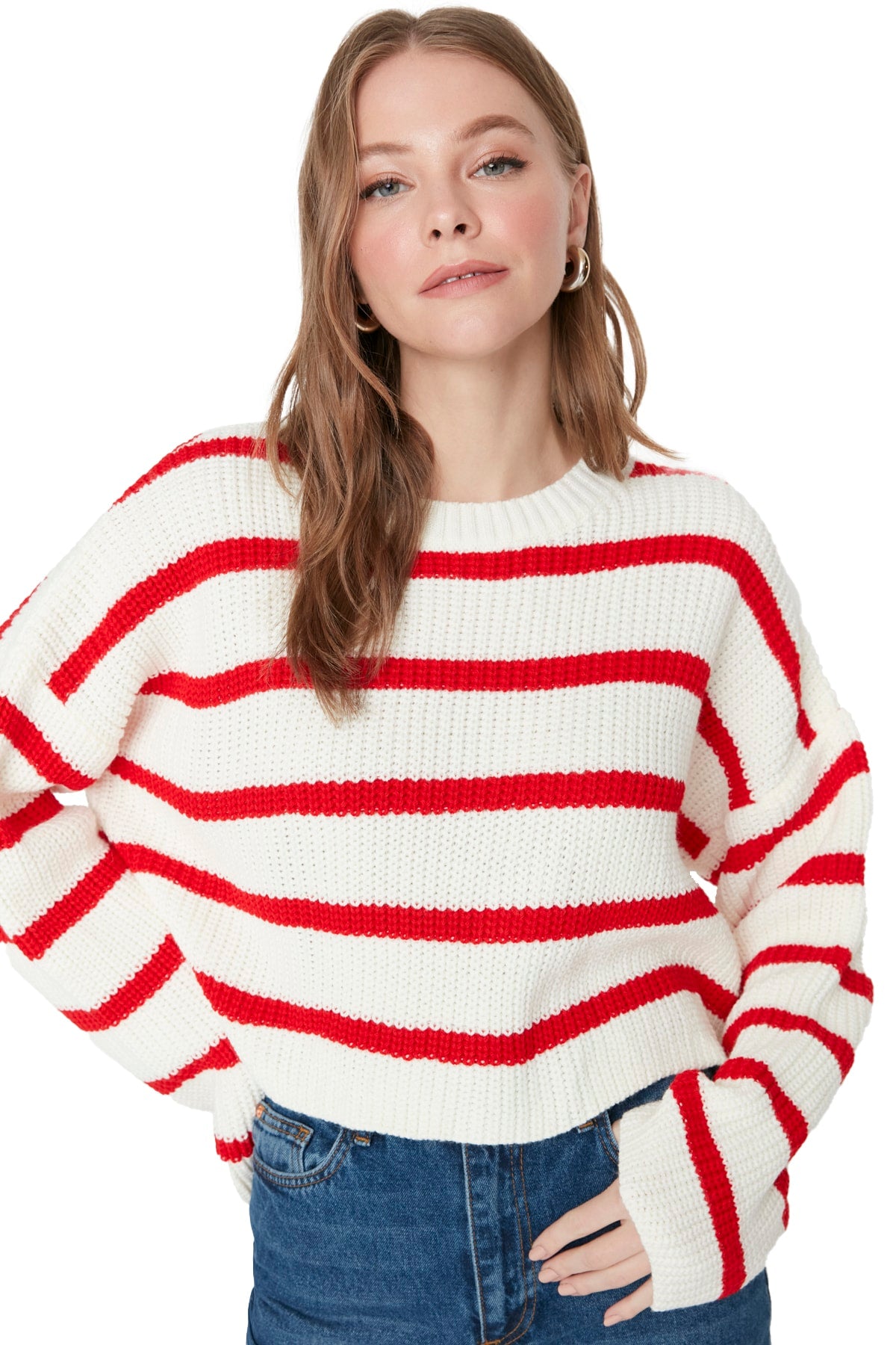 Ekru Crop Basic Çizgili Geniş Kalıp Triko Kazak TWOAW23KZ00390 Secondary image