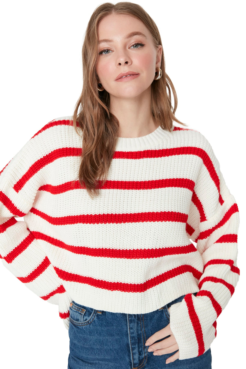 Ekru Crop Basic Çizgili Geniş Kalıp Triko Kazak TWOAW23KZ00390