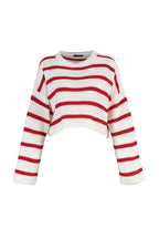 Ekru Crop Basic Çizgili Geniş Kalıp Triko Kazak TWOAW23KZ00390