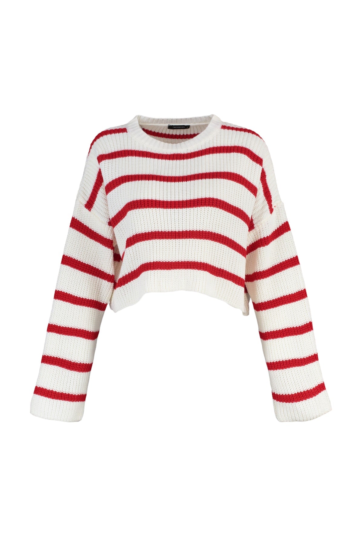 Ekru Crop Basic Çizgili Geniş Kalıp Triko Kazak TWOAW23KZ00390