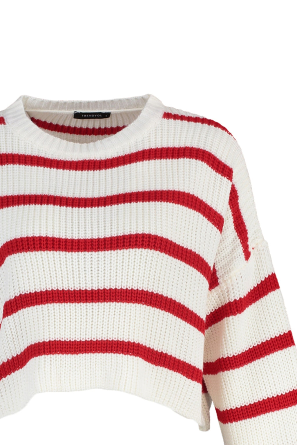 Ekru Crop Basic Çizgili Geniş Kalıp Triko Kazak TWOAW23KZ00390