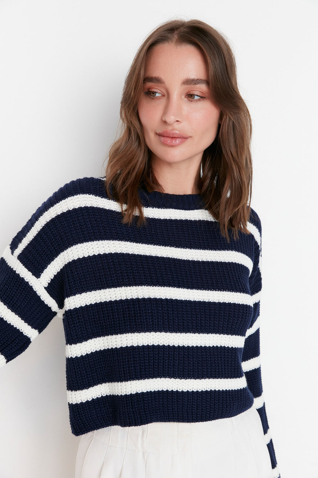 Lacivert Crop Basic Çizgili Geniş Kalıp Triko Kazak TWOAW23KZ00390