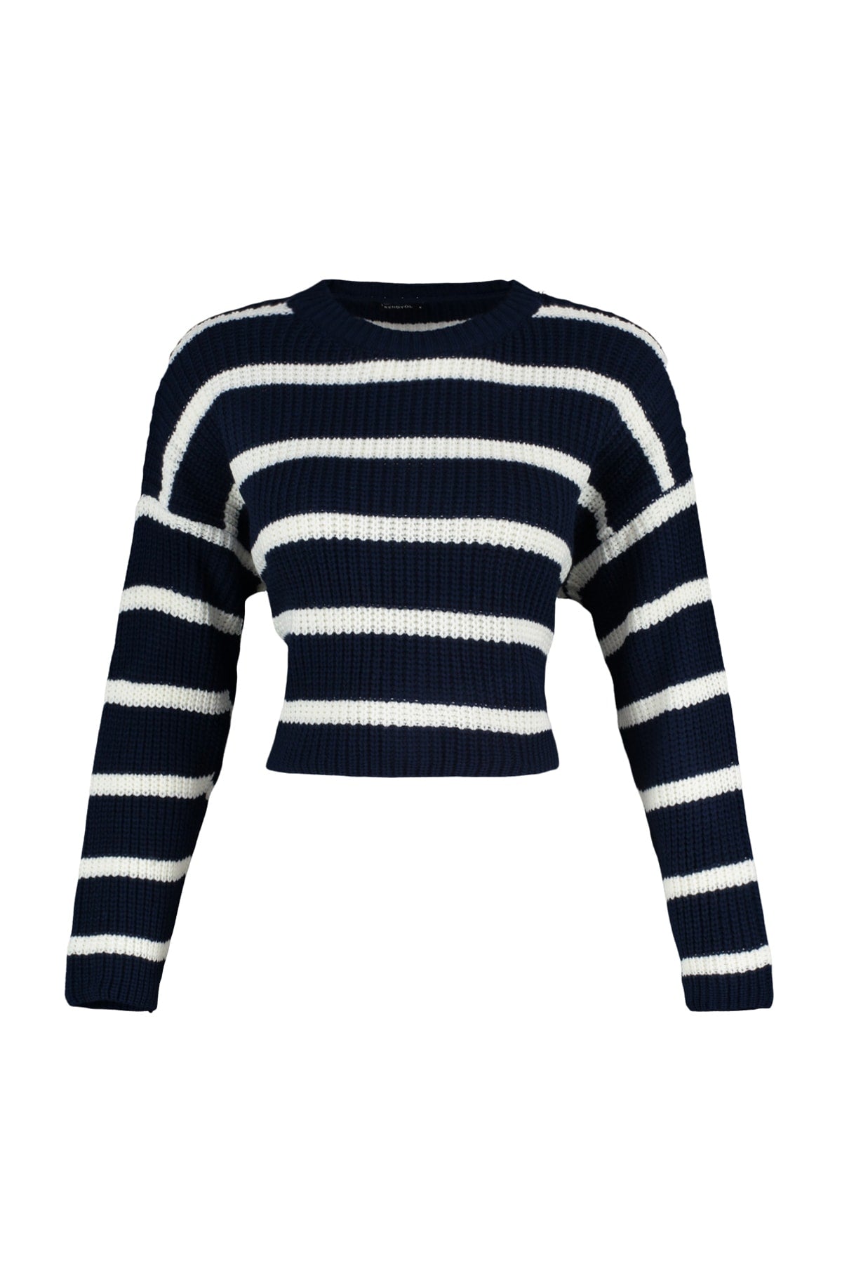 Lacivert Crop Basic Çizgili Geniş Kalıp Triko Kazak TWOAW23KZ00390