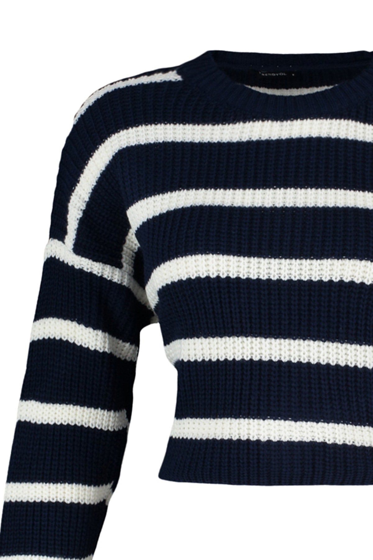 Lacivert Crop Basic Çizgili Geniş Kalıp Triko Kazak TWOAW23KZ00390