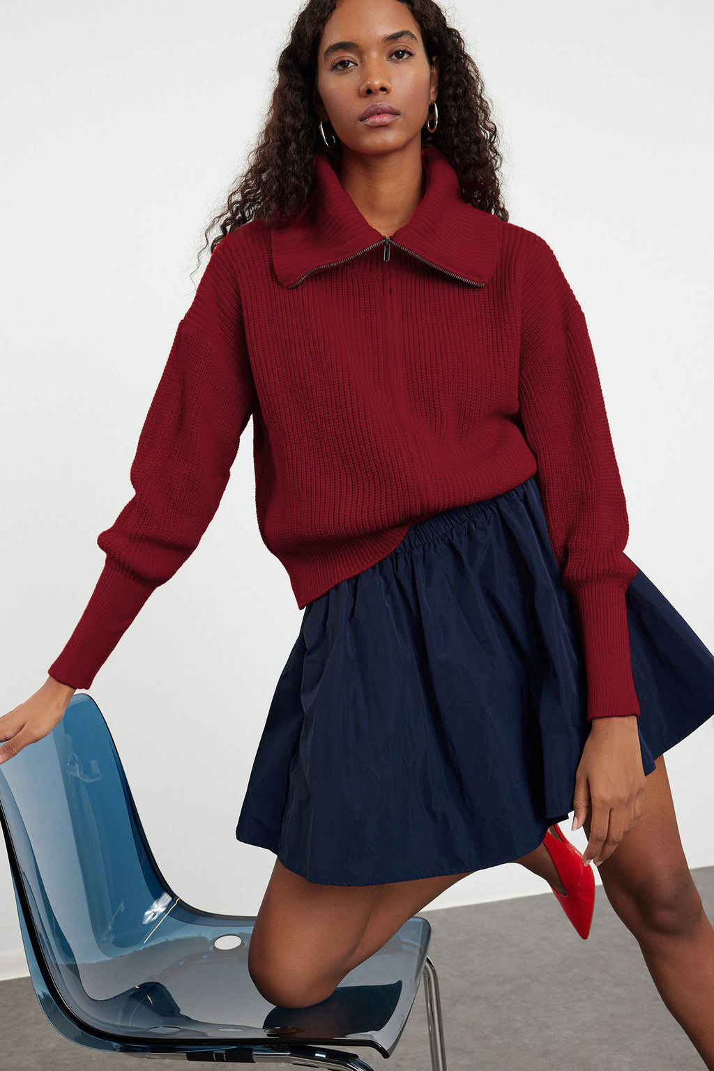 Bordo Geniş Kalıp Devrik Yaka Fermuarlı Triko Hırka TWOAW24HI00072