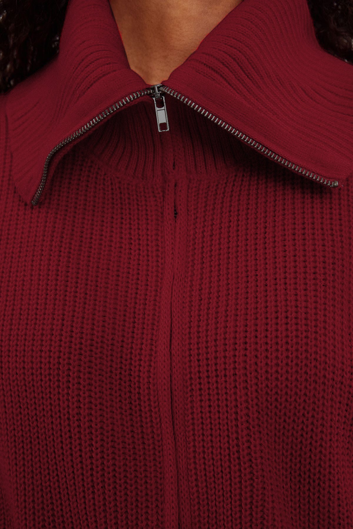 Bordo Geniş Kalıp Devrik Yaka Fermuarlı Triko Hırka TWOAW24HI00072