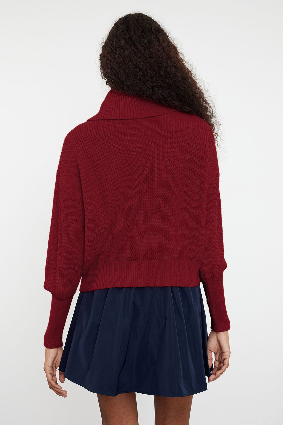 Bordo Geniş Kalıp Devrik Yaka Fermuarlı Triko Hırka TWOAW24HI00072