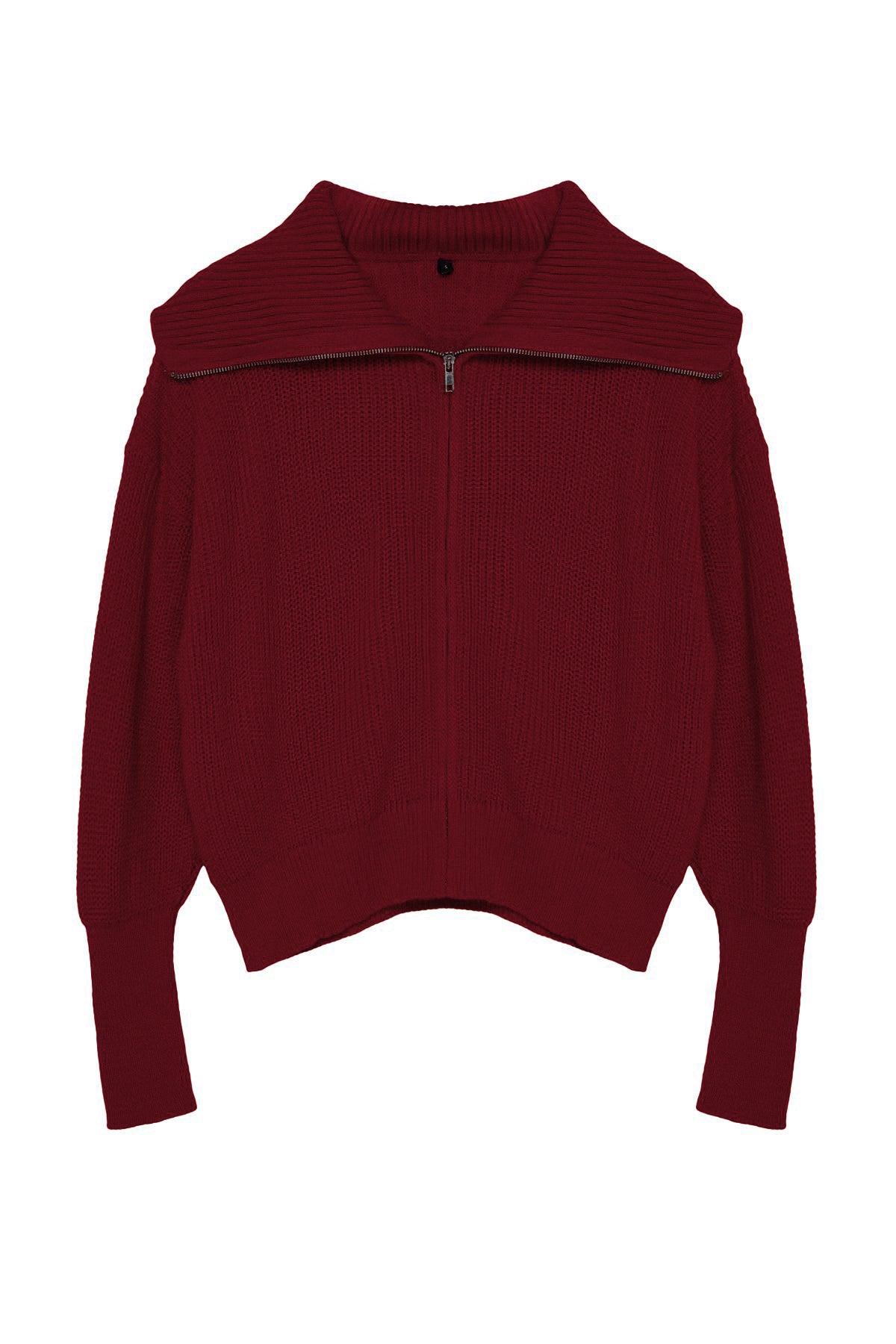 Bordo Geniş Kalıp Devrik Yaka Fermuarlı Triko Hırka TWOAW24HI00072