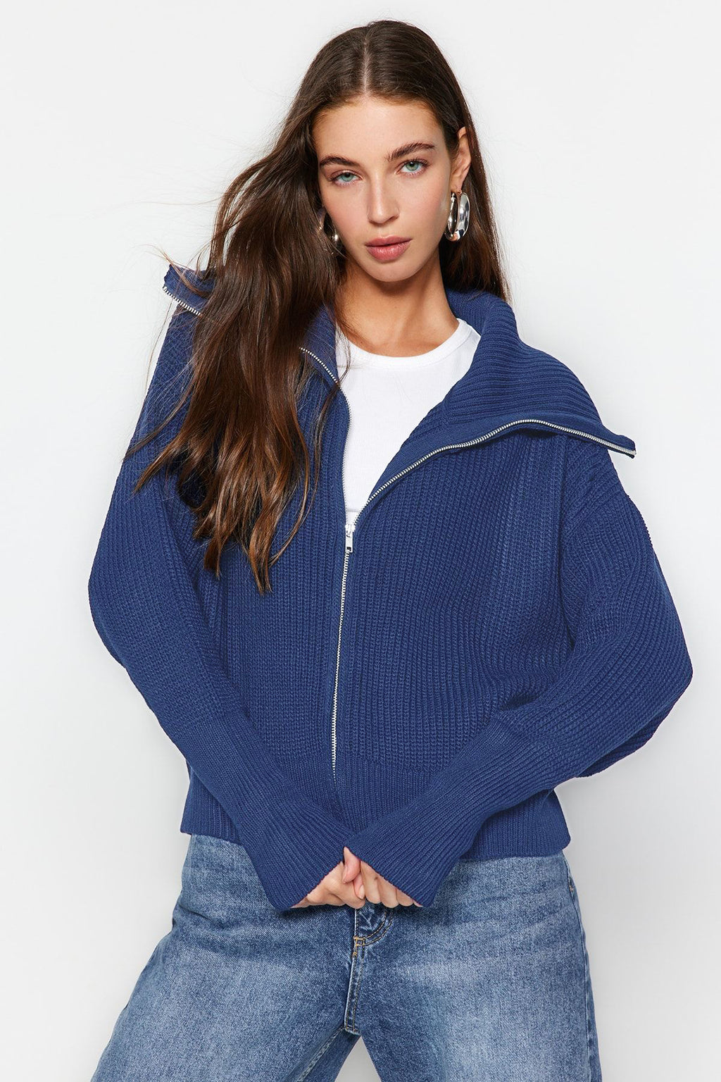 Indigo Geniş Kalıp Devrik Yaka Fermuarlı Triko Hırka TWOAW24HI00072
