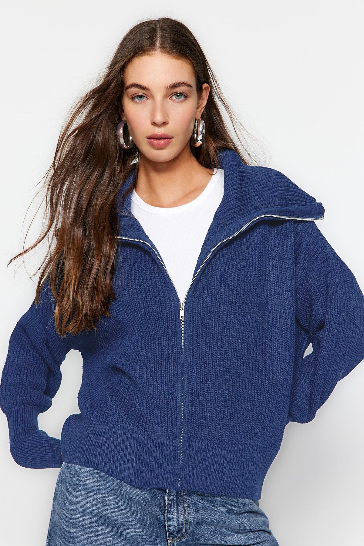 Indigo Geniş Kalıp Devrik Yaka Fermuarlı Triko Hırka TWOAW24HI00072