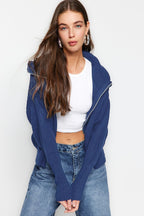 Indigo Geniş Kalıp Devrik Yaka Fermuarlı Triko Hırka TWOAW24HI00072