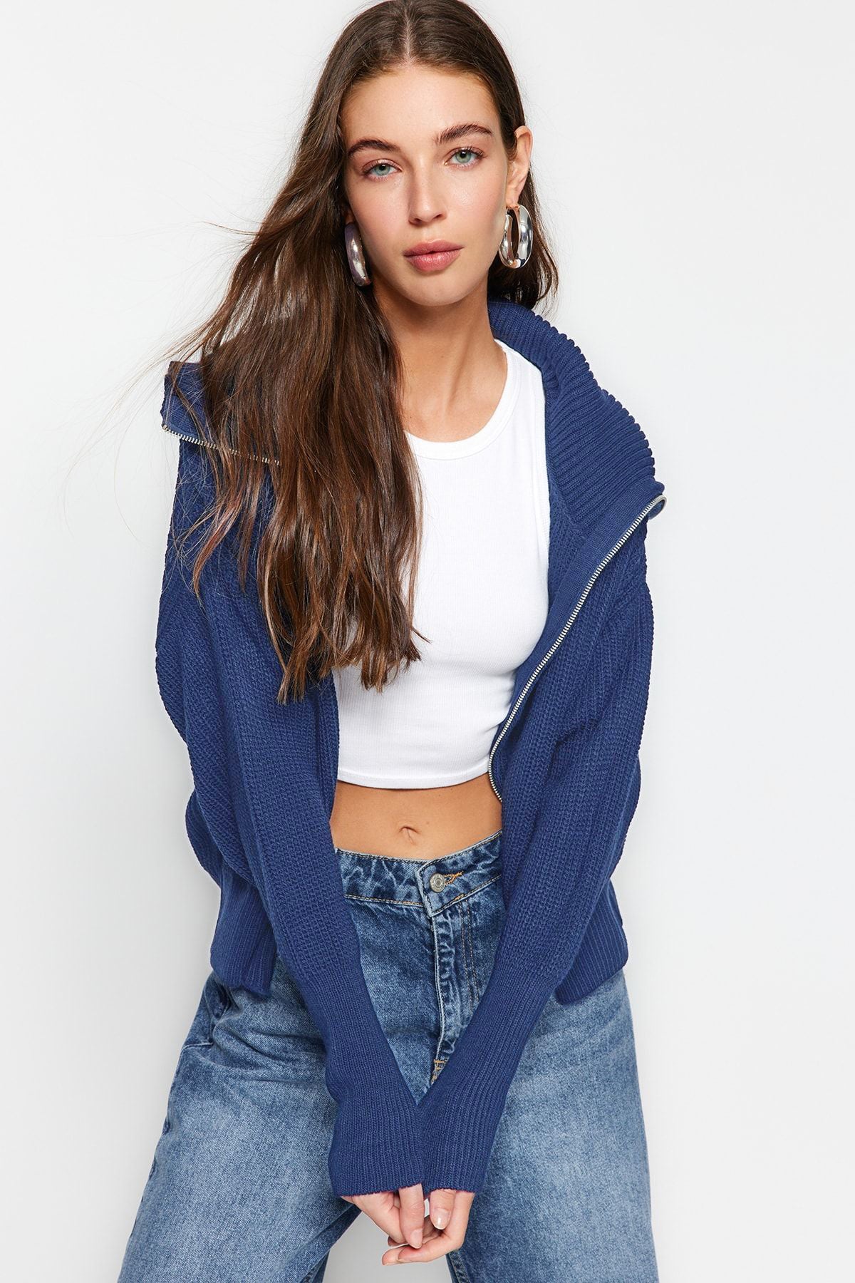 Indigo Geniş Kalıp Devrik Yaka Fermuarlı Triko Hırka TWOAW24HI00072