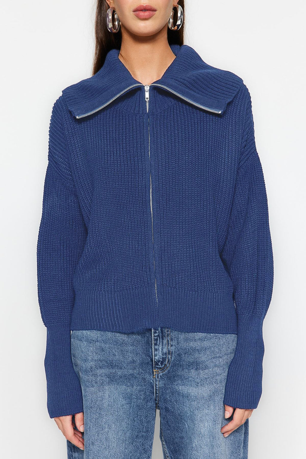 Indigo Geniş Kalıp Devrik Yaka Fermuarlı Triko Hırka TWOAW24HI00072