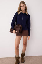 Lacivert*002 Geniş Kalıp Leopar Desenli Devrik Yaka Fermuarlı Triko Hırka TWOAW24HI00072