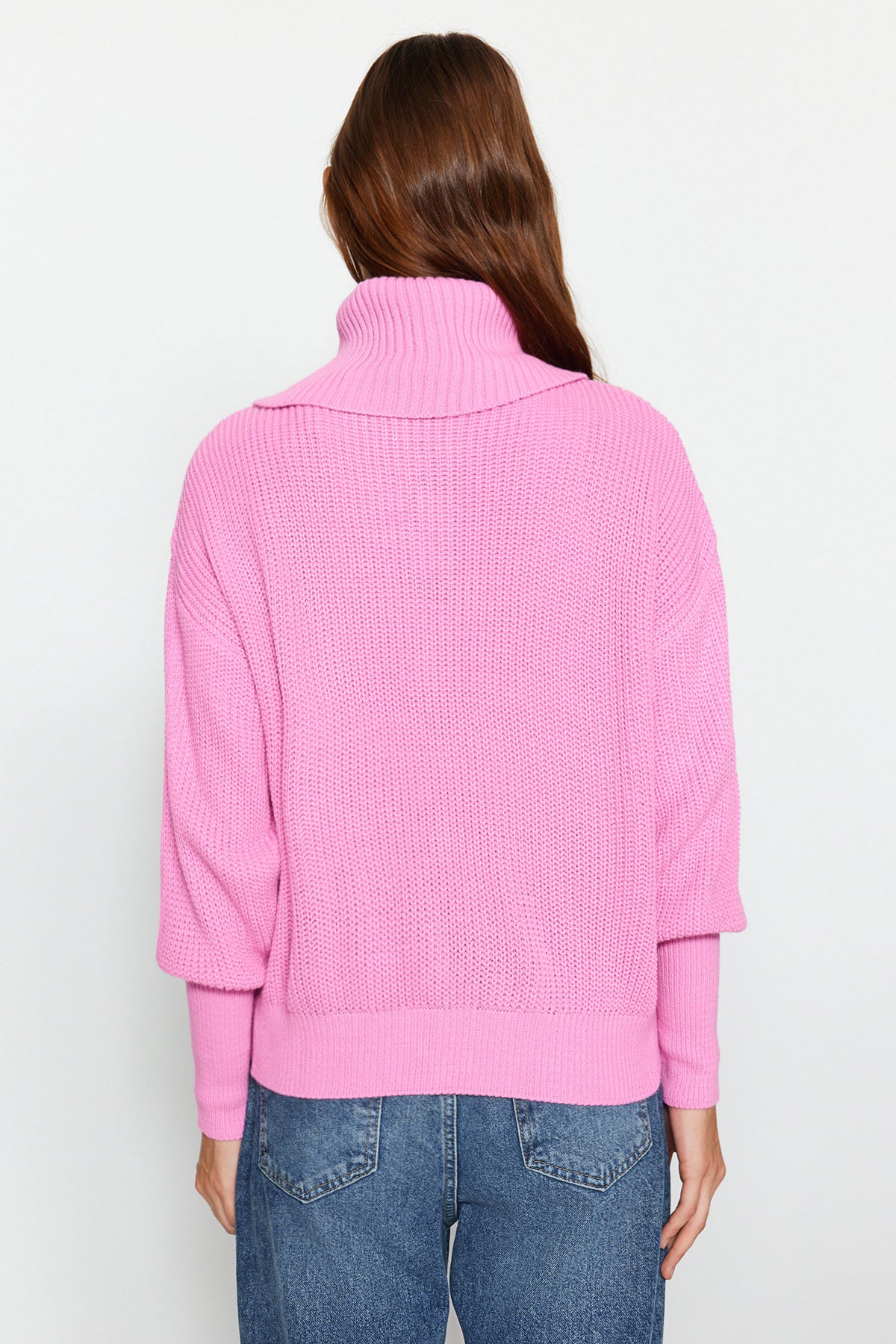 Pembe Geniş Kalıp Devrik Yaka Fermuarlı Triko Hırka TWOAW24HI00072