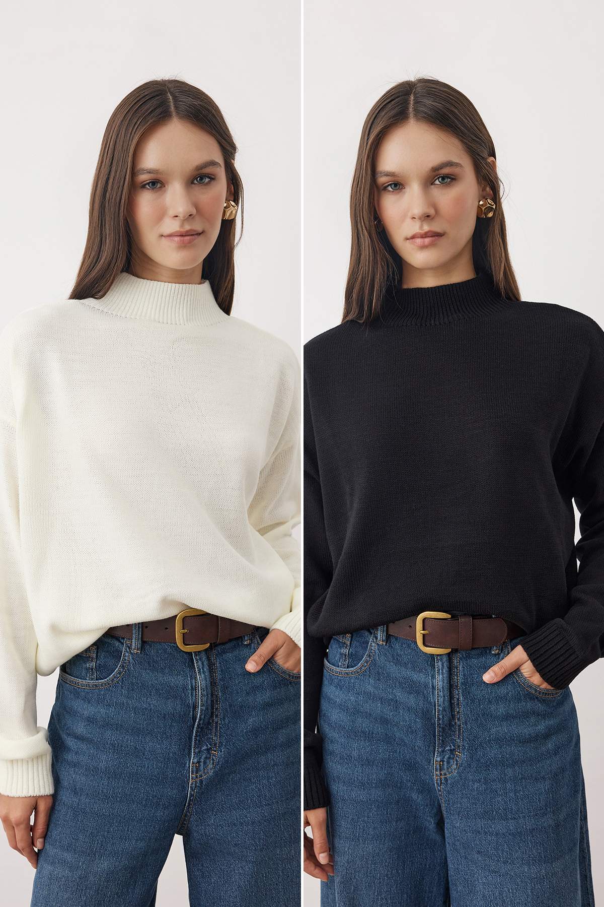 Siyah-Ekru Basic İkili Paket Triko Kazak TWOAW26KZ00232