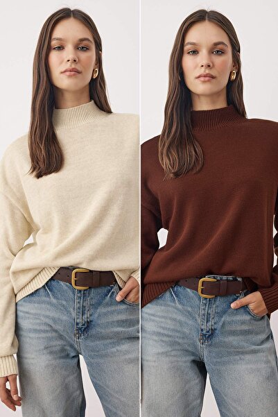 Siyah-Ekru Basic İkili Paket Triko Kazak TWOAW26KZ00232