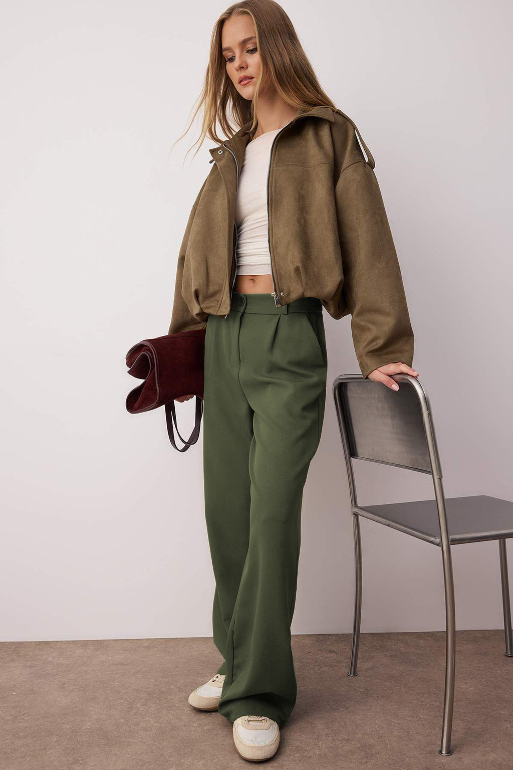 Açık Haki Yüksek Bel Wide Leg/Geniş Paça Pilili Dokuma Kumaş Pantolon TWOAW21PL0076