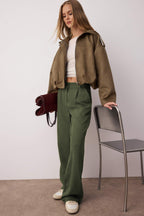 Açık Haki Yüksek Bel Wide Leg/Geniş Paça Pilili Dokuma Kumaş Pantolon TWOAW21PL0076