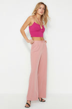 Gül Kurusu Yüksek Bel Wide Leg/Geniş Paça Pilili Dokuma Kumaş Pantolon TWOAW21PL0076