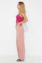 Gül Kurusu Yüksek Bel Wide Leg/Geniş Paça Pilili Dokuma Kumaş Pantolon TWOAW21PL0076