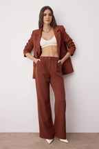 Koyu Kahverengi Yüksek Bel Wide Leg/Geniş Paça Pilili Dokuma Kumaş Pantolon TWOAW21PL0076