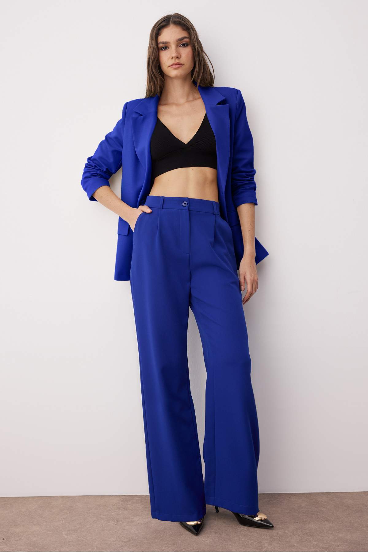 Mavi Yüksek Bel Wide Leg/Geniş Paça Pilili Dokuma Kumaş Pantolon TWOAW21PL0076