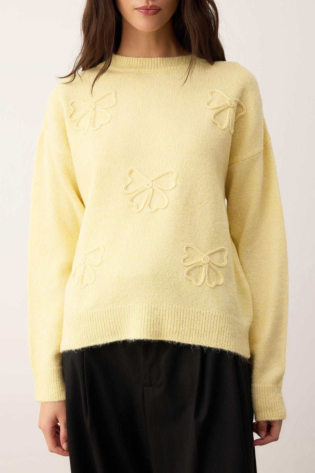 Açık Sarı Yumuşak Dokulu Kurdele Desenli Triko Kazak TWOAW26KZ00110