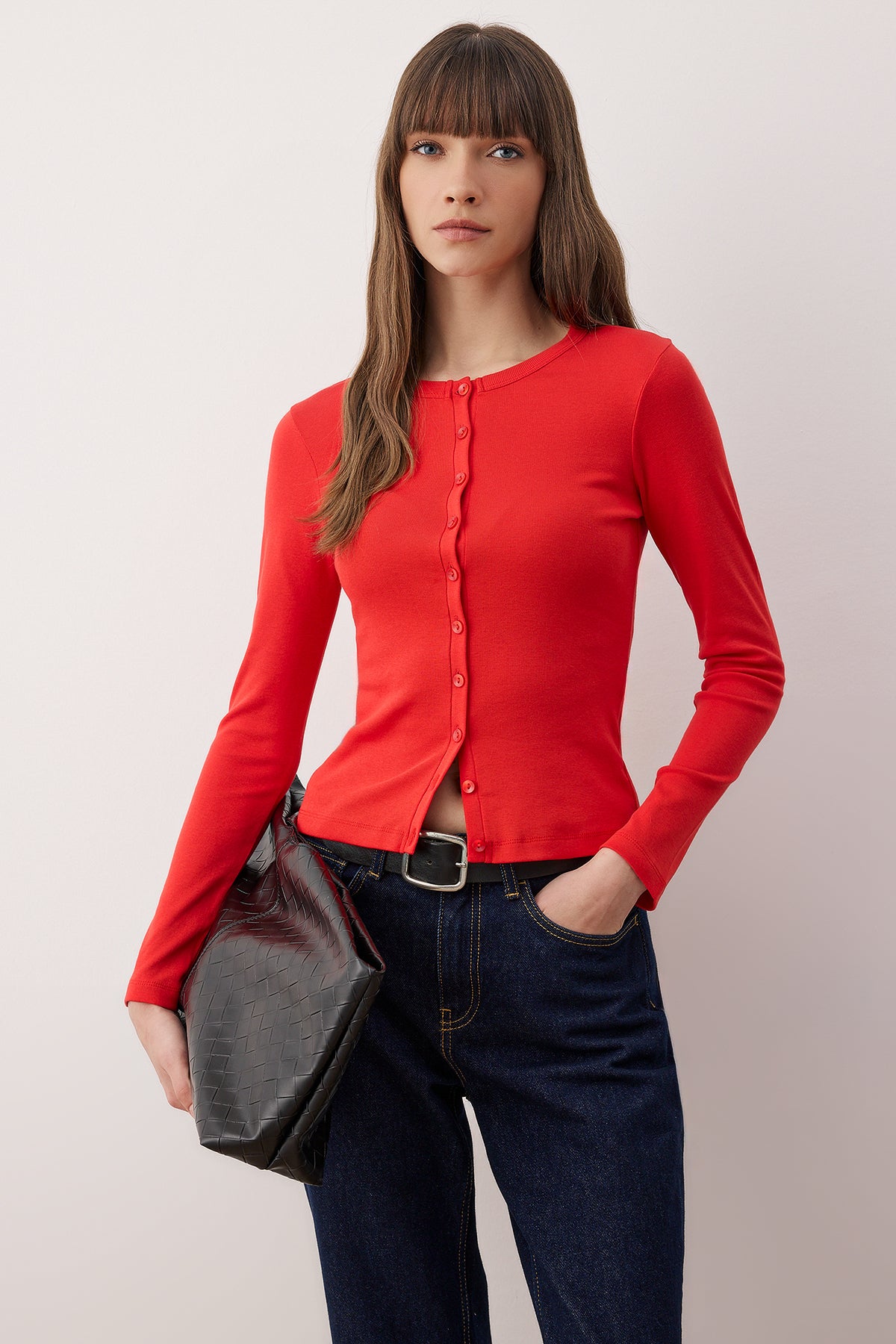 Kırmızı Düğmeli Vücuda Oturan Esnek Örme Bluz | TWOAW26BZ00007 Main image