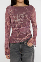 Teen Şal Desenli Kayık Yaka Asimetrik Detaylı Vücuda Oturan Esnek Örme Tül Bluz TWOAW26BZ00128