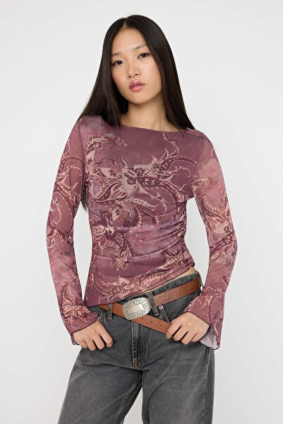 Teen Şal Desenli Kayık Yaka Asimetrik Detaylı Vücuda Oturan Esnek Örme Tül Bluz TWOAW26BZ00128