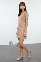 Vizon Bisiklet Yaka Taş Detaylı Shift/Düz Mini Süet Örme Elbise TWOAW24EL00523