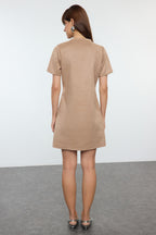 Vizon Bisiklet Yaka Taş Detaylı Shift/Düz Mini Süet Örme Elbise TWOAW24EL00523