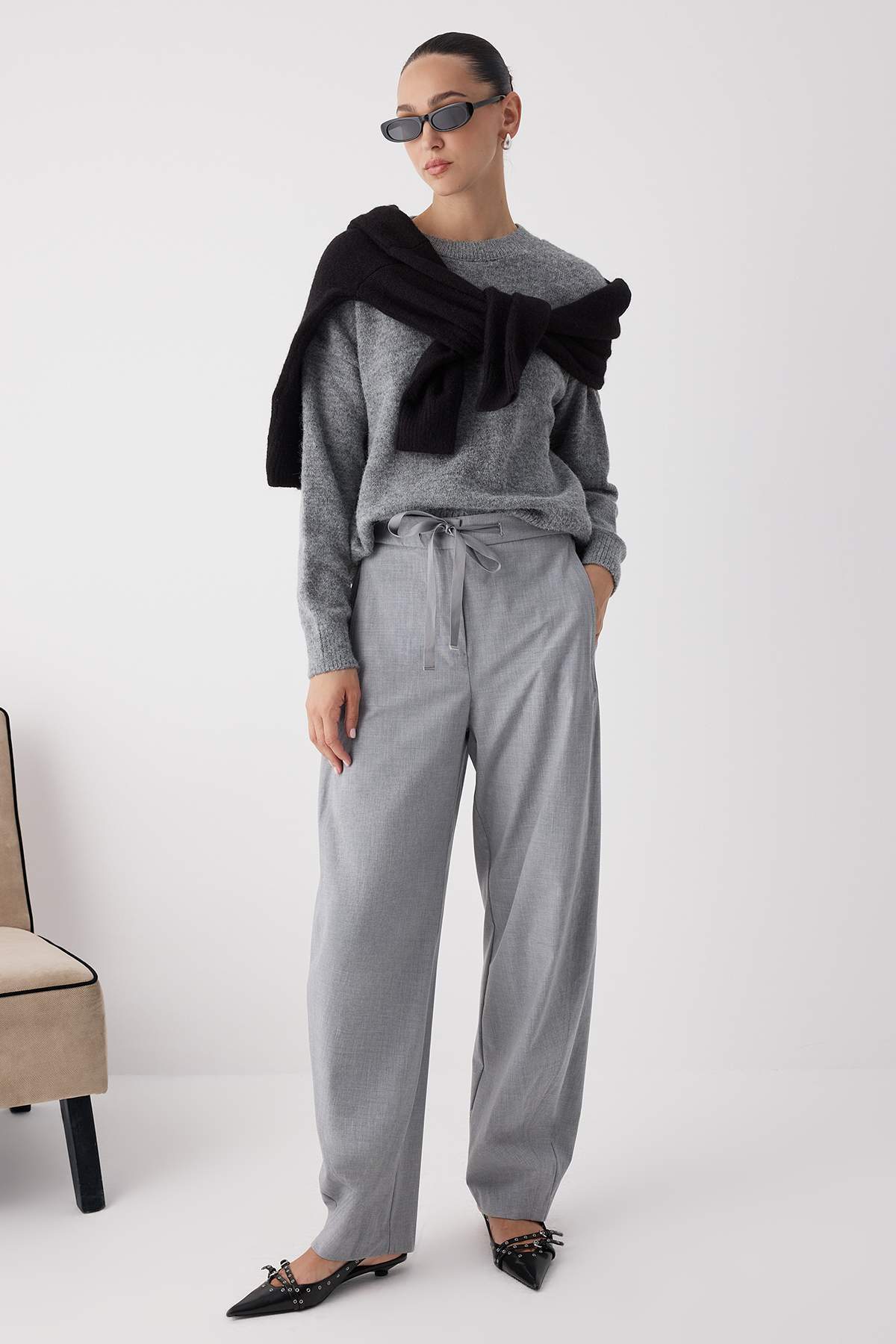 Wardrobe Essentials Antrasit Alpaka Yün Karışımlı Geniş Kalıp Triko Kazak|TWOAW26KZ00080 Secondary image