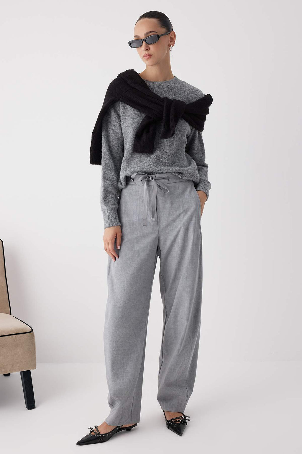 Wardrobe Essentials Antrasit Alpaka Yün Karışımlı Geniş Kalıp Triko Kazak|TWOAW26KZ00080