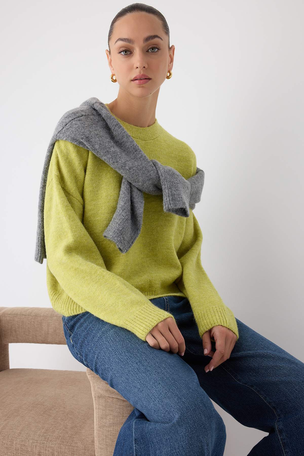 Wardrobe Essentials Yeşil Alpaka Yün Karışımlı Premium İplik Geniş Kalıp Triko Kazak|TWOAW26KZ00080 Main image