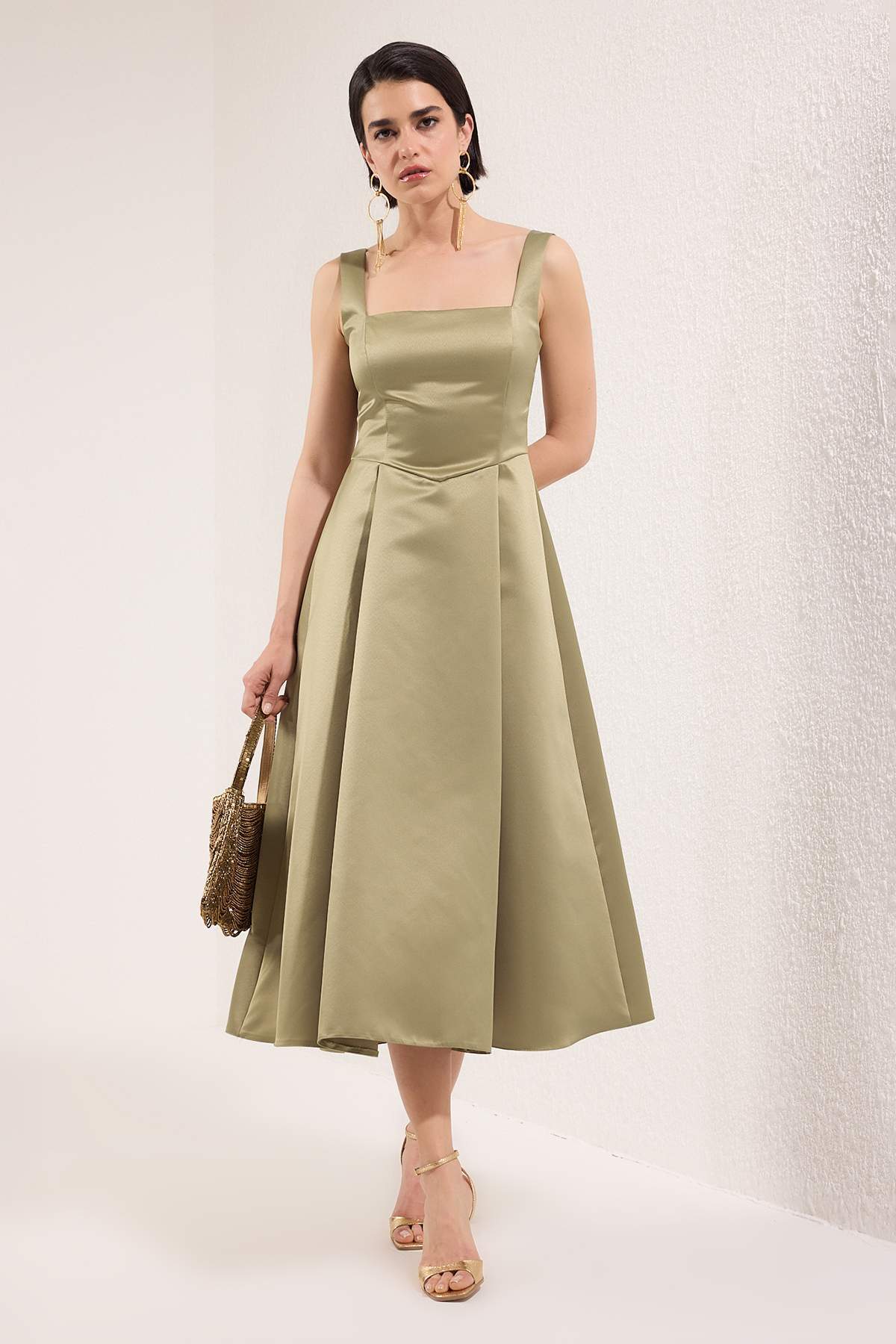 Yağ Yeşil A-Kesim Saten Dokuma Şık Abiye Gece Mezuniyet Elbisesi TPRAW25EL00040 Main image