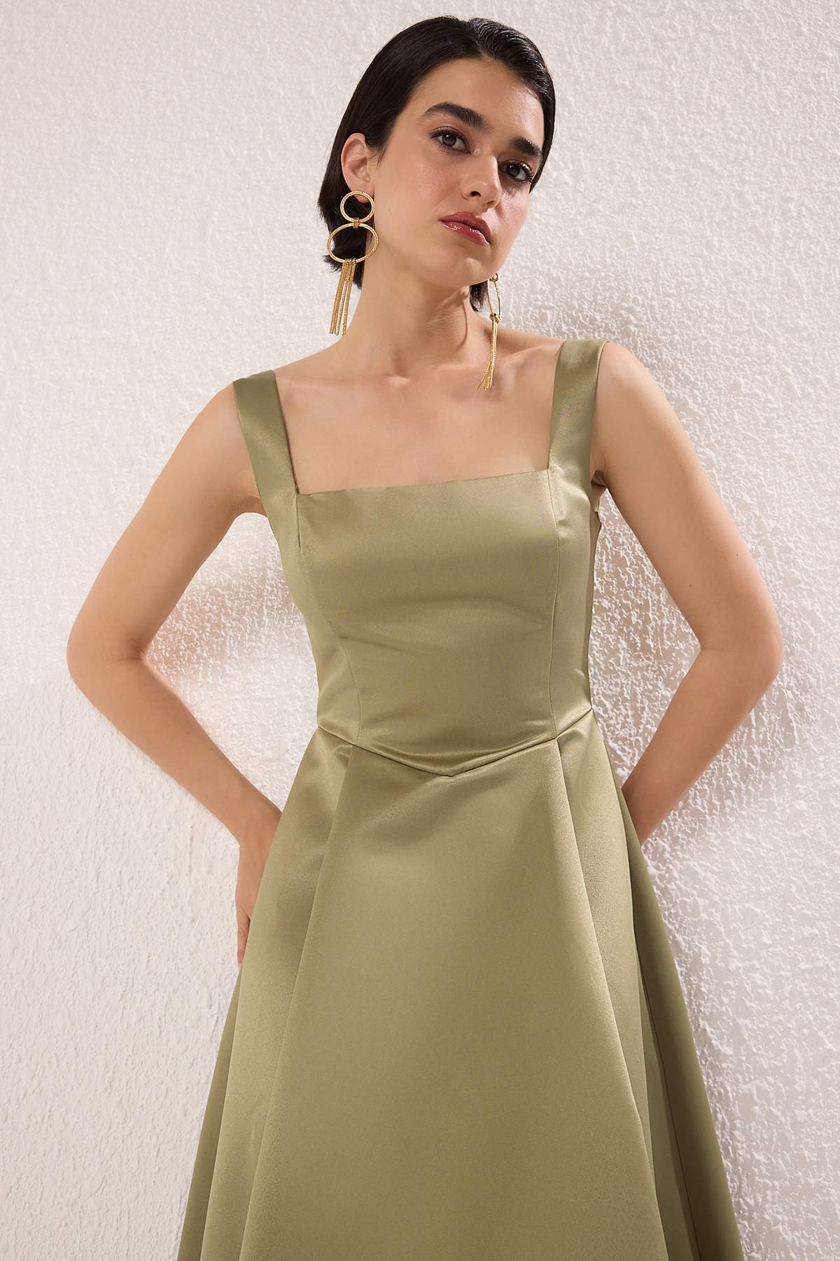 Yağ Yeşil A-Kesim Saten Dokuma Şık Abiye Gece Mezuniyet Elbisesi TPRAW25EL00040 Secondary image