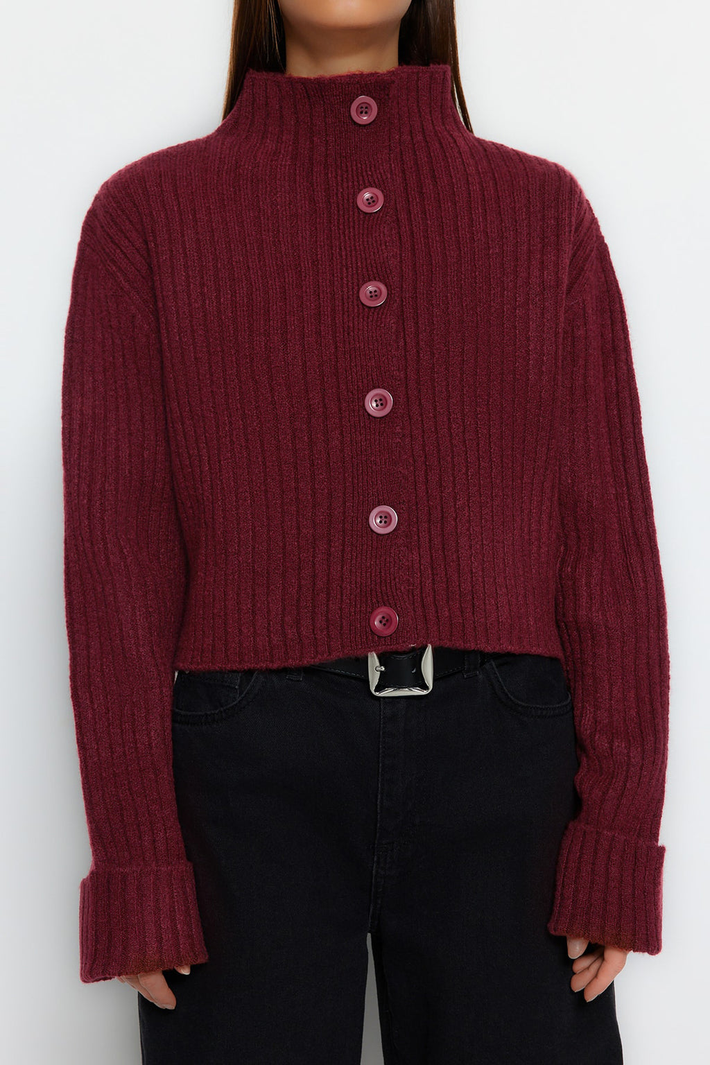 Bordo Crop Yumuşak Dokulu Dik Yaka Triko Hırka TWOAW22HI0174