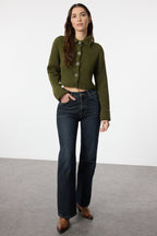 Haki Crop Yumuşak Dokulu Dik Yaka Triko Hırka TWOAW22HI0174