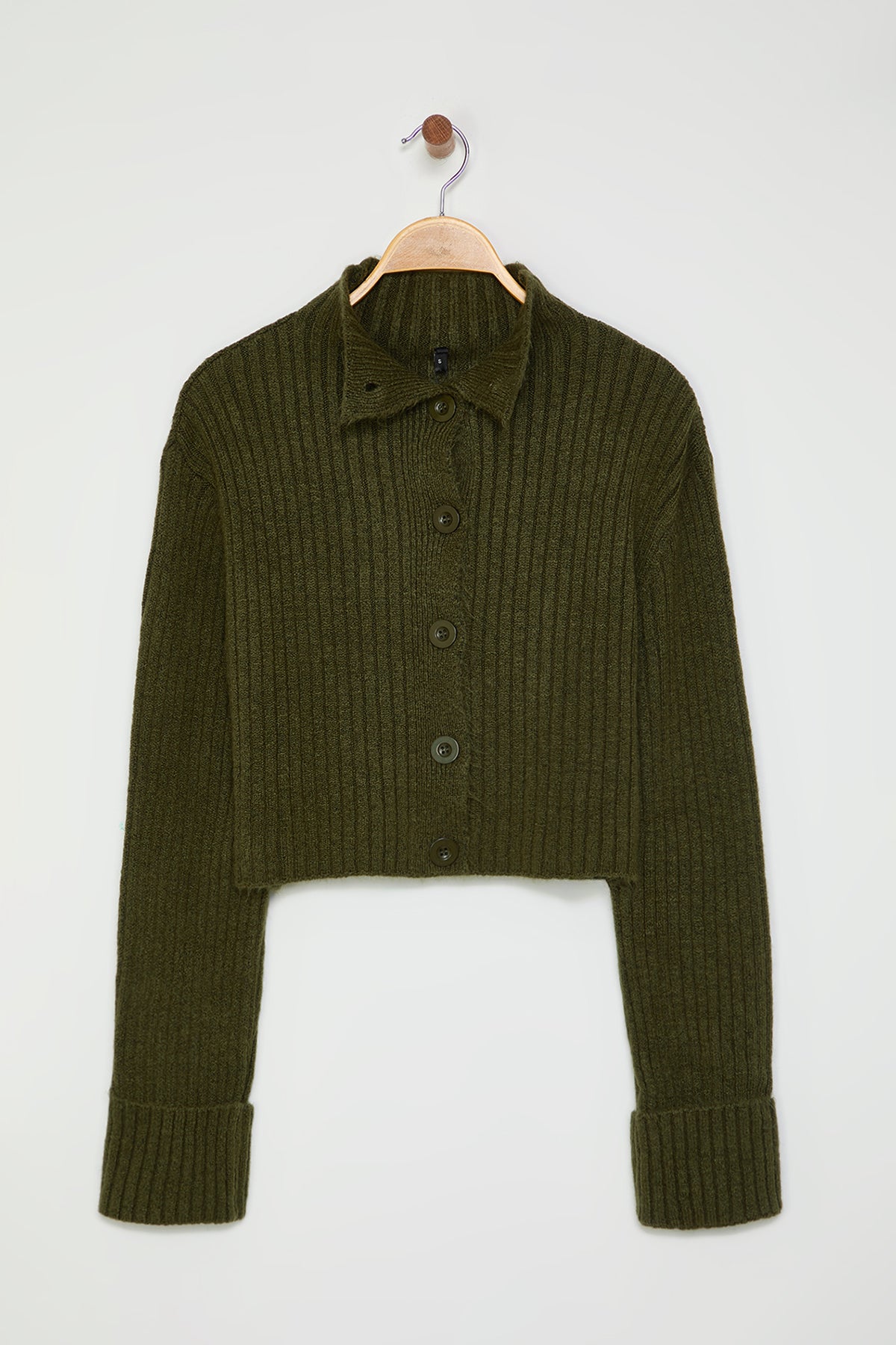 Haki Crop Yumuşak Dokulu Dik Yaka Triko Hırka TWOAW22HI0174