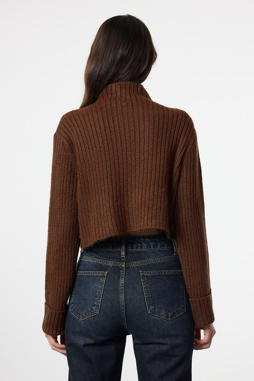 Kahverengi Crop Yumuşak Dokulu Dik Yaka Triko Hırka TWOAW22HI0174