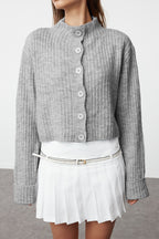 Koyu Gri Crop Yumuşak Dokulu Dik Yaka Triko Hırka TWOAW22HI0174