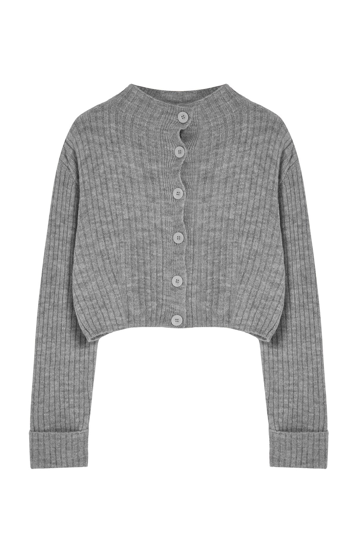 Koyu Gri Crop Yumuşak Dokulu Dik Yaka Triko Hırka TWOAW22HI0174