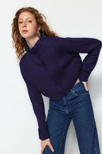 Lacivert Crop Yumuşak Dokulu Dik Yaka Triko Hırka TWOAW22HI0174