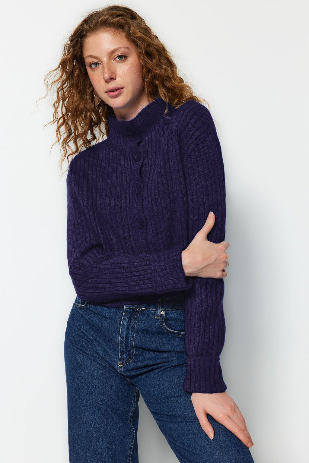 Lacivert Crop Yumuşak Dokulu Dik Yaka Triko Hırka TWOAW22HI0174