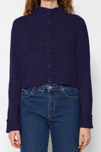 Lacivert Crop Yumuşak Dokulu Dik Yaka Triko Hırka TWOAW22HI0174