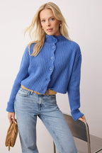 Mavi Crop Yumuşak Dokulu Dik Yaka Triko Hırka TWOAW22HI0174