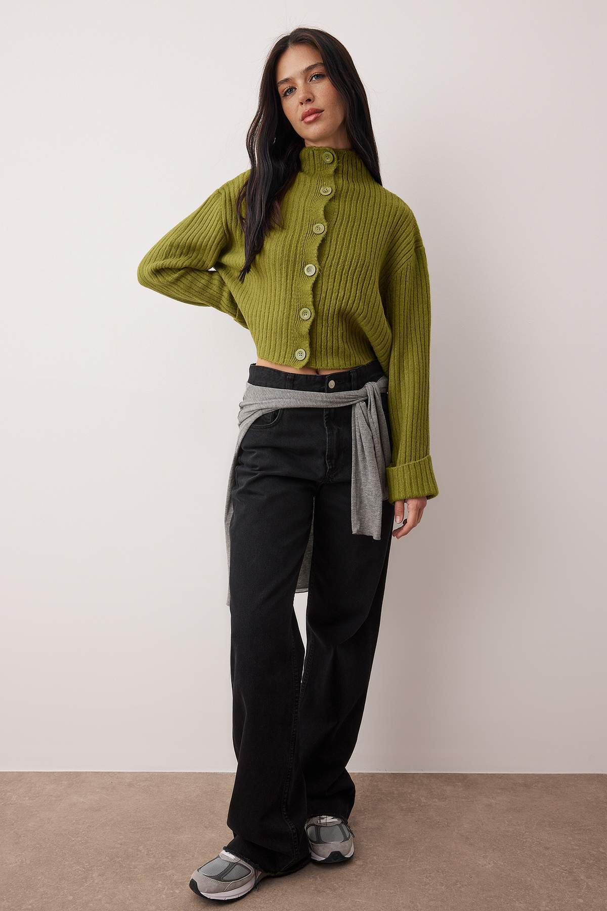 Yağ Yeşili Crop Yumuşak Dokulu Dik Yaka Triko Hırka TWOAW22HI0174 Main image